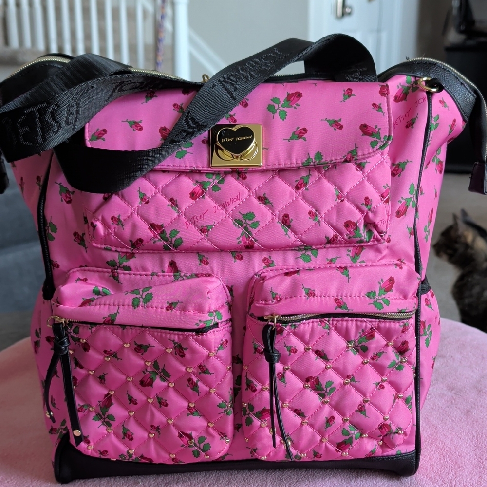 Betsey Johnson Pink Quilted Floral Backpack with Black Trim